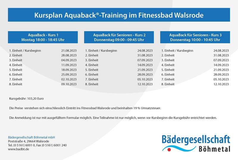 Bild vergrößern: Kursplan Aquaback-Training 3. Quartal 2023